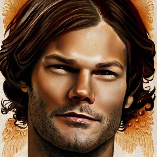 Prompt: Stunning portrait of handsome Jared Padalecki as an angel, in the style of norman rockwell, digital art