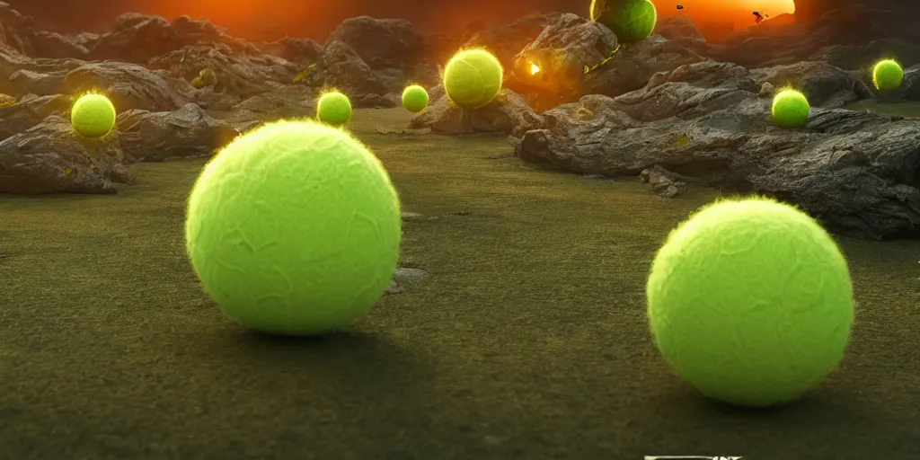 Prompt: a cinematic poster photo of 8 k ultra realistic tennis ball monsters, exotic, cinematic lighting, trending on artstation, 4 k, hyperrealistic, focused, high details, unreal engine 5, cinematic, alien planet atmosphere in background, 3 d render