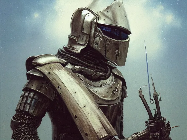 Image similar to a detailed profile portrait painting of a bounty hunter in polished armour and visor. Fencing. cinematic sci-fi poster. Cloth and metal. Welding, fire, flames, samurai Flight suit, accurate anatomy portrait symmetrical and science fiction theme with lightning, aurora lighting clouds and stars. Clean and minimal design by beksinski carl spitzweg giger and tuomas korpi. baroque elements. baroque element. intricate artwork by caravaggio. Oil painting. Trending on artstation. 8k