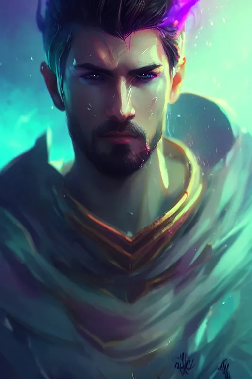 Image similar to a handsome warrior look back after shooting, blurred environment background, colorful magic effects, white skin, portrait, male, clothed, sharp focus, digital art, concept art, trending on artstation, dynamic lighting, by emylie boivin and rossdraws