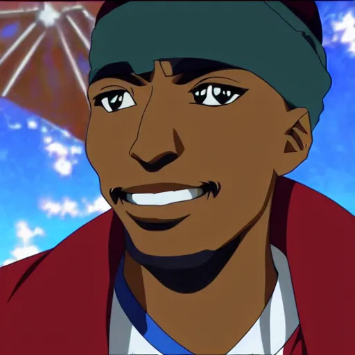 Image similar to Tupac Shakur, screenshot from a 2012s anime