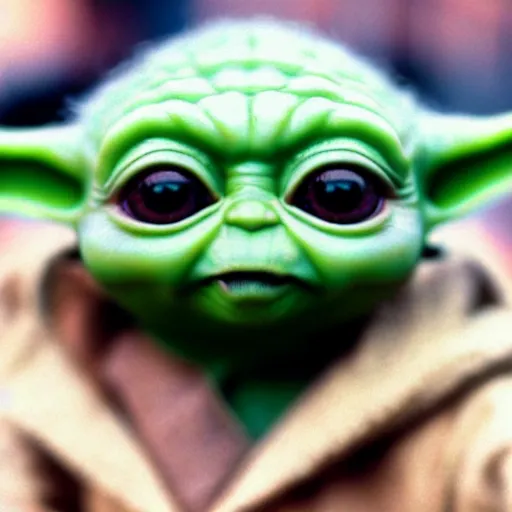 Image similar to baby yoda face closeup, strong bokeh, cinematic, high contrast, highly detailed