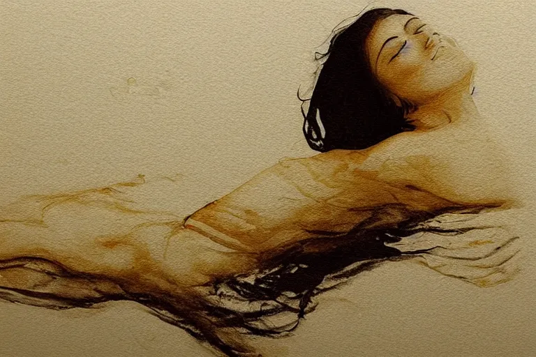 Image similar to beautiful serene swimming person, healing through motion, life, minimalistic golden and ink airbrush painting on white background