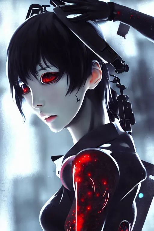 red eyes, Vhumiku, anime girls, anime, black hair, dog, cyberpunk