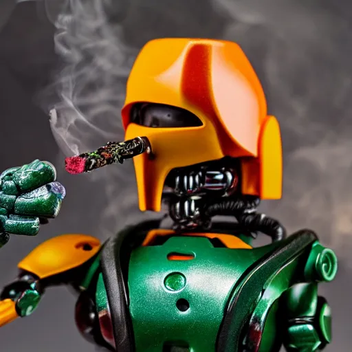 Prompt: A product photography of Bionicle smoking a fat joint, lots of smoke, green red and yellow hues, 4k, award winning photo