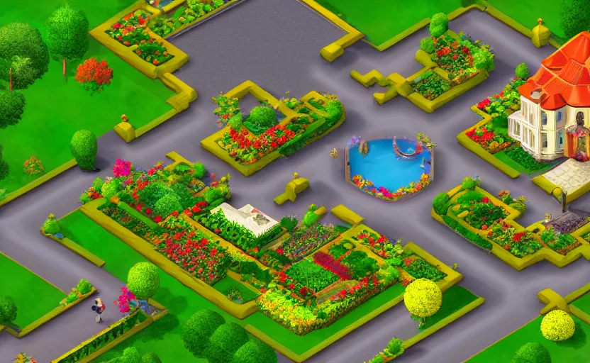 Image similar to beautiful garden, with house in the center, with golden gates, isometric view, bright colors, game screenshot