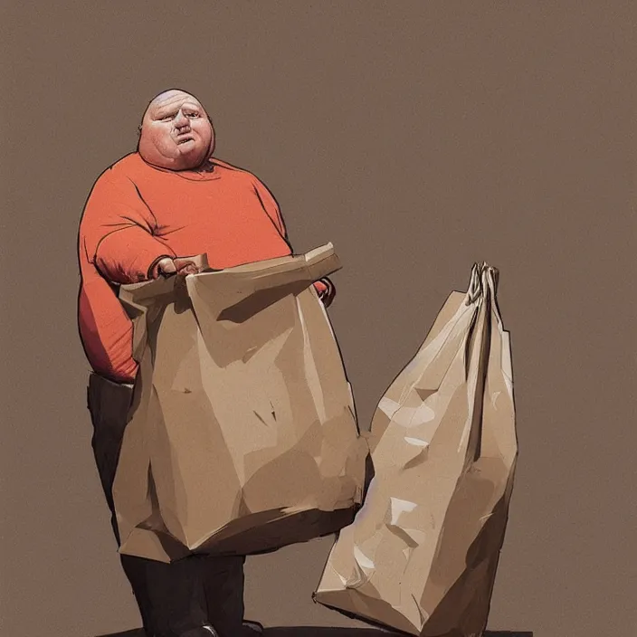 Prompt: melted old fat man portrait with a paper bag over the head, in paper bag clothing, holding a stack of paper bags, highly detailed, artstation, art by ian mcque, ilya kuvshinov, zdislav beksinski, wayne barlowe, edward hopper