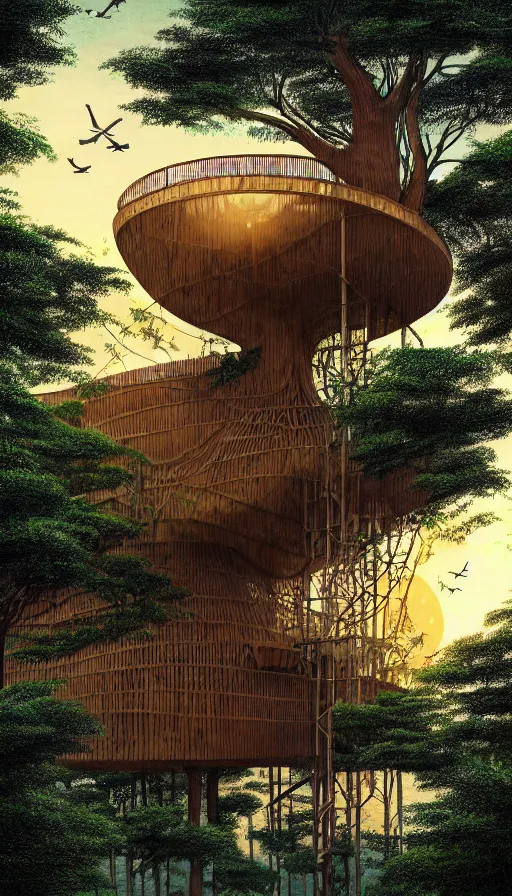 Image similar to a beautiful very detailed illustration of treehouse unfinished building by oscar niemeyer, sunset alien, archdaily, wallpaper, highly detailed, trending on artstation.