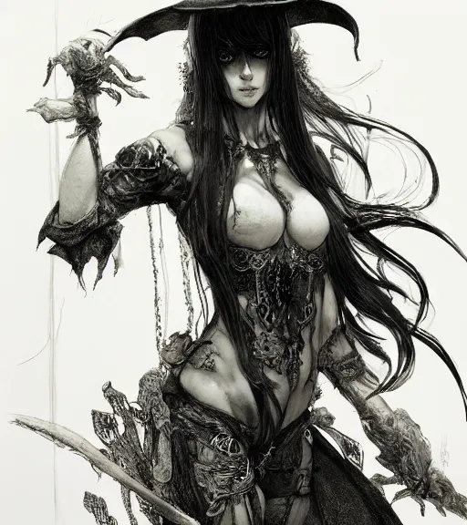 Prompt: portrait of anime succubus with long hair wearing a witch hat, mask, perfect fit and strong body, hand on hip, pen and ink, intricate line drawings, by craig mullins, ruan jia, kentaro miura, greg rutkowski, loundraw, yoshitaka amano