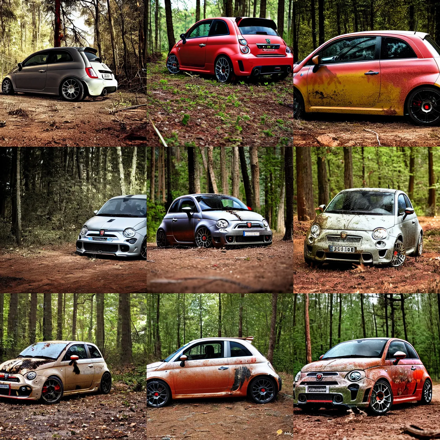 Prompt: a wrecked 2 0 1 0 abarth 5 0 0, sticky wild board in the forest, dusty, some rust