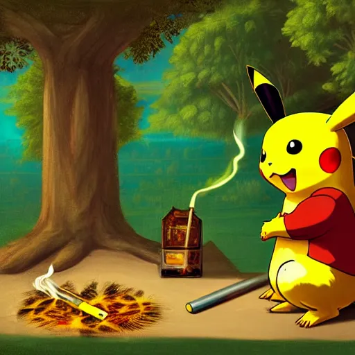 Prompt: pikachu is sitting in a park and smoking weed. he is high, his eyes are red. The mood is friendly and welcoming. highly detailed, digital painting, artstation, concept art, sharp focus, illustration, art by Sandro Botticelli and Michelangelo and leonardo da vinci