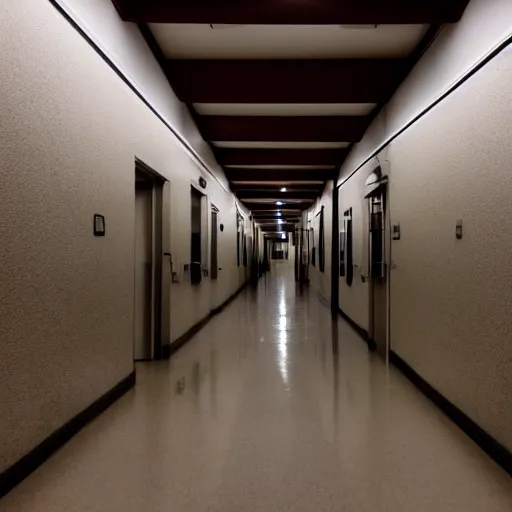 Prompt: endless hospital hallways lit by cold fluorescent lights, eerie, liminal, the back rooms, the outer church, plague children