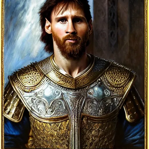 Image similar to attractive lionel messi as attractive king arthur pendragon, natural lighting, high quality, very detailed painting, by gaston bussiere, donato giancola, j. c. leyendecker