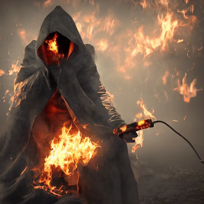 Image similar to hooded man dumping gas on a fire, octane render, 4 k ultra hd, hyper - detailed, realistic, seedy lighting, sharp focus, fantasy dark art