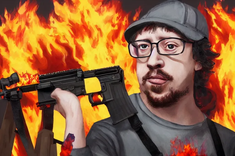 Prompt: portrait of Sam Hyde holding an AR-15 rifle, standing outside a flaming burnt down white house, epic, trending on artstation