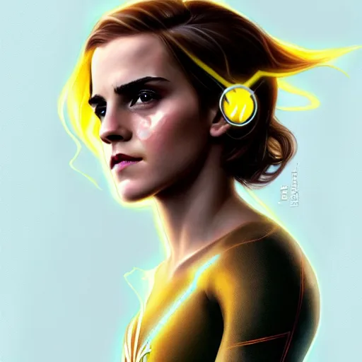 Prompt: beautiful Emma Watson as Kid Flash, western, closeup, D&D, fantasy, intricate, elegant, highly detailed, digital painting, artstation, concept art, matte, sharp focus, illustration, art by Artgerm and Greg Rutkowski and Alphonse Mucha