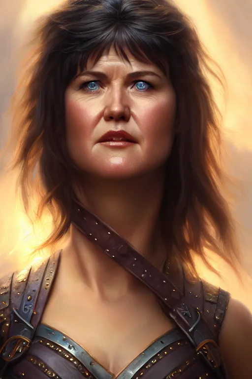 Image similar to ultra detailed close up facial portrait of young lucy lawless as xena, extremely detailed digital painting, in the style of fenghua zhong and ruan jia and jeremy lipking and peter mohrbacher, mystical colors, rim light, beautiful lighting, 8 k, stunning scene, raytracing, octane, trending on artstation