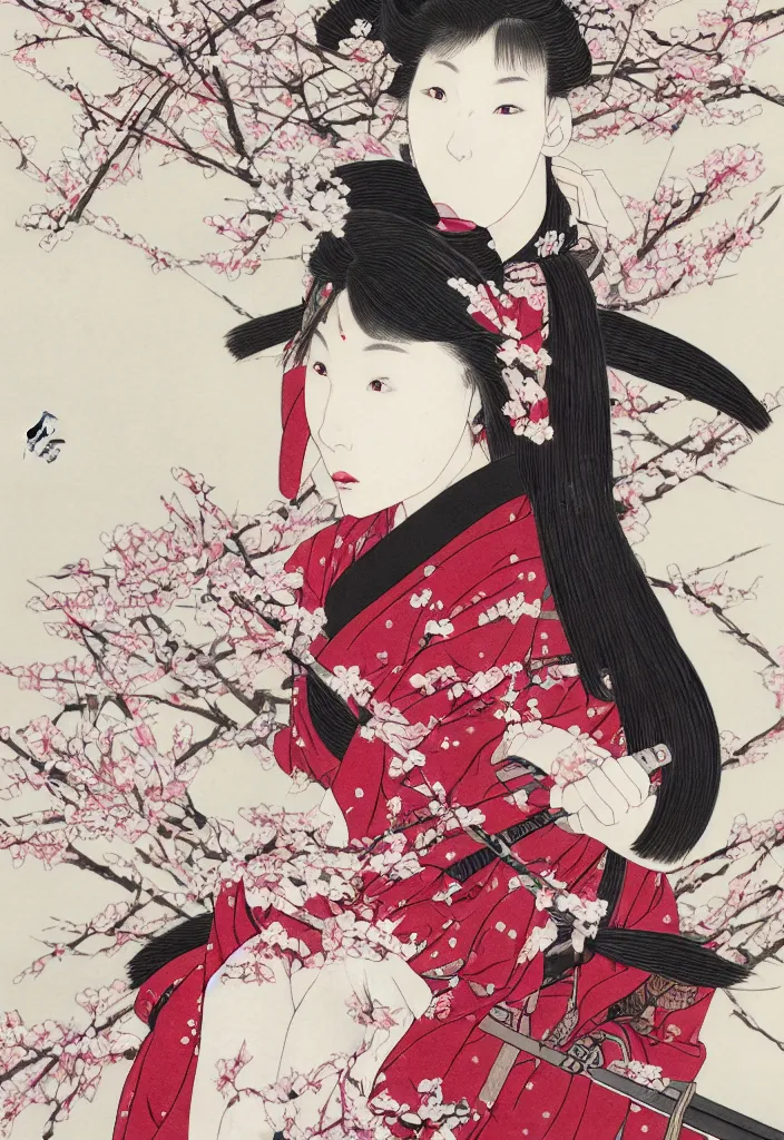 Image similar to detailed portrait of girl samurai in hakama with swords and rifles, in snow forest sakura cherry blossom, hakama kimono, taisho roman, trending on artstation, elite, elegant, luxury, by takato yamamoto, perfect face, fine details, realistic shaded, fine - face, pretty face