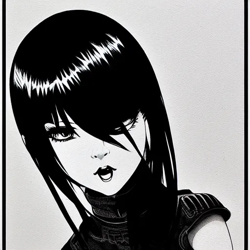 Image similar to an ink drawing of a tech punk girl by ilya kuvshinov, black and white