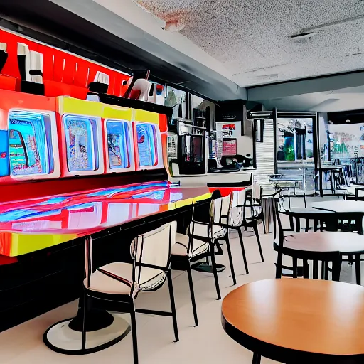 Image similar to photo of the outside of white cafe interior with arcade machines on one side and tables on the other, 8 0 s art on the tall white walls, wide angle shot 4 k hdr