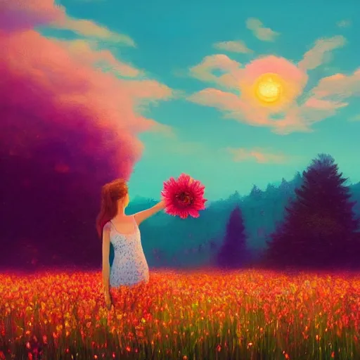 Image similar to girl with a gargantuan flower as a face, surreal photography, dream, standing in flower field, hills, big trees, sunrise dramatic light, impressionist painting, colorful clouds, digital painting, pointillism, artstation, simon stalenhag, flower face