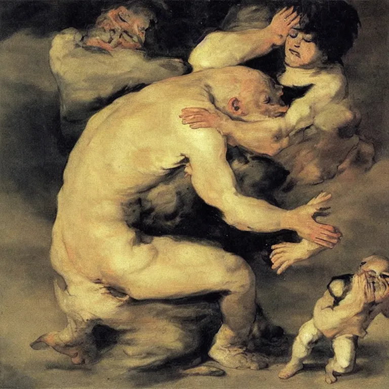 Prompt: Satrun's Son devouring Him, painting by Spanish artist Francisco Goya