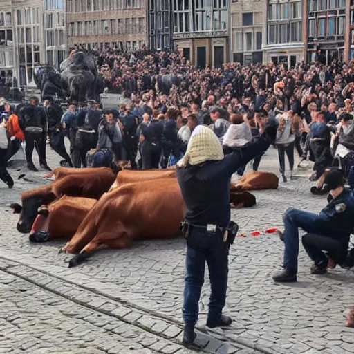 Image similar to cows demonstrating with police, on dam square amsterdam, burning, sirens police