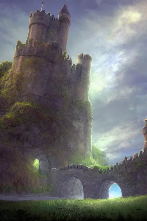 Image similar to hills bridge moat castle concept art gothic fantasy sky, andreas rocha style