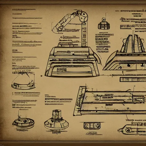 Prompt: schematic for alien technology, aged, faded parchment, sketch, descriptions, highly detailed, 8 k,