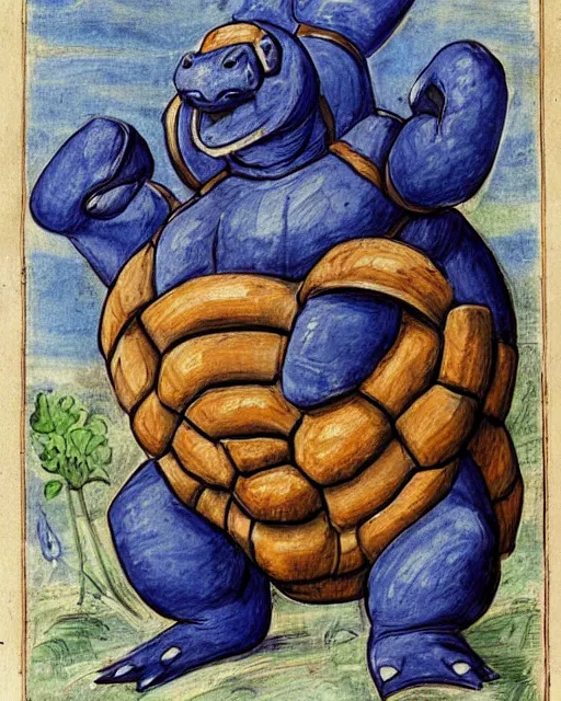 Prompt: a manuscript painting of Blastoise in the style of the Rochester Bestiary, Ashmole Bestiary