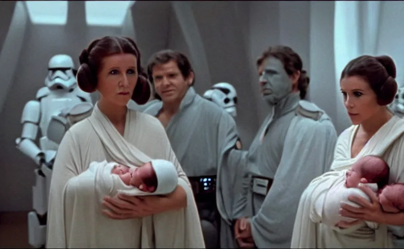 Image similar to screenshot of Princess Leia Organa holding a new born baby in a swaddle, standing next to Han Solo watching with his arms behind his back, pensive, iconic scene from 1980s Star Wars film directed by Ridley Scott, in a sci fi nursing home architecture, last jedi, 4k HD sharp, cinematic still frame, photoreal, detailed face, moody lighting, stunning cinematography, anamorphic lenses, kodak color film stock