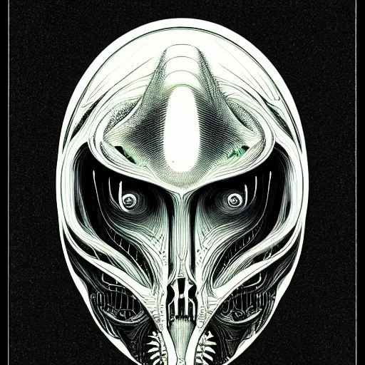 Image similar to portrait top light, by killian eng and joe fenton and h r giger, inspired by alien movie 1 9 7 9, green duotone print, etching, fine, sharp high detail,