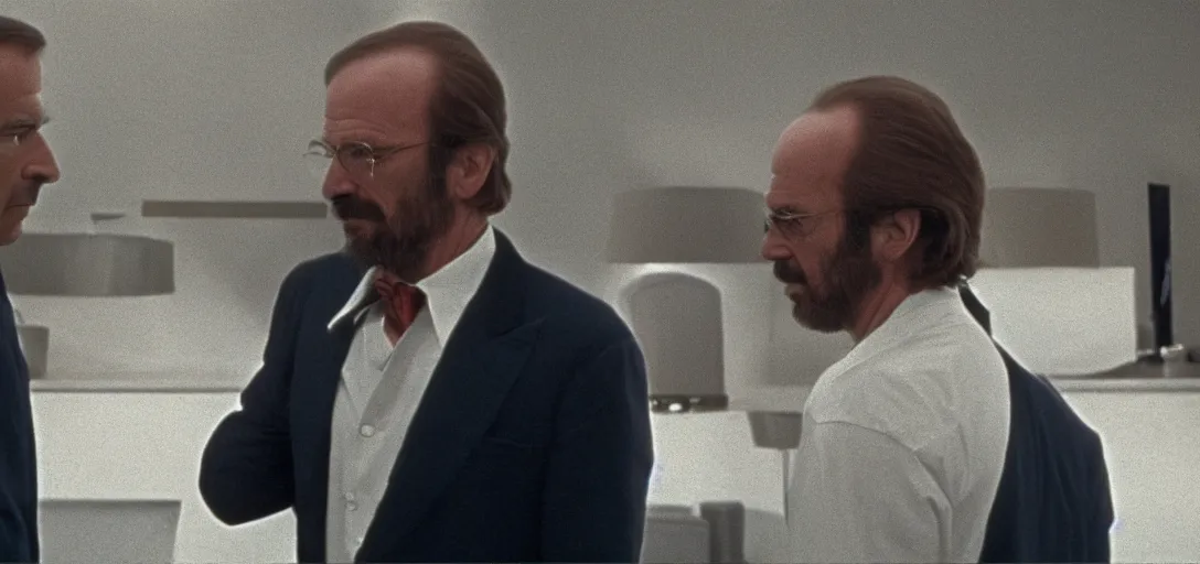 Image similar to screenshot from 7 0 s film, scene of saul goodman talking to walter white, iconic scene, directed by stanely kubrick, moody cinematography, with anamorphic lenses, crisp, detailed, 4 k