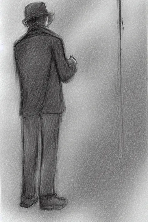 Image similar to a drawn man standing in the rain in a jacket with an umbrella. pencil sketch.