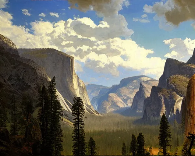 Prompt: albert Bierstadt painting looking down Yosemite valley by yoji shinkawa very beautiful 4k