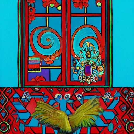 Image similar to a painting beautiful decorated window, art print, a ultrafine detailed painting by wix, mexican folklore, behance contest winner, native art, trend in behance hd, 2 d game art, detailed painting