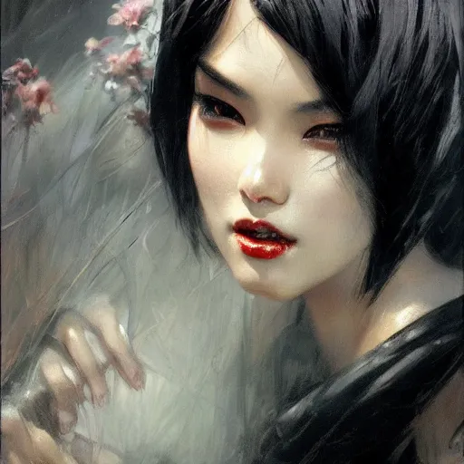 Image similar to detailed cinematic wide shot of beautiful attractive asian vampire woman slim face symettrical face clean skin black eyes black robe smooth, sharp focus, ultra realistic, spring light, painting by gaston bussiere, craig mullins, j. c. leyendecker