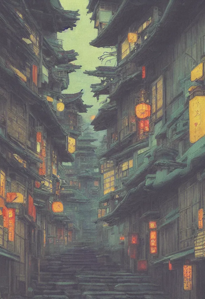 Prompt: a beautiful japanese city in the mountain, amazing ryokans and gorgeous edo era houses, yokai all around, epic cyberpunk, lofi vibe, colorful, vivide colors, amazing light, light beams with dust, really mesmerizing nature, by jeremy lipkin, by claude monet, by makoto shinkai, kandinsky touches, inspired by ghibli, masterpiece, beautiful