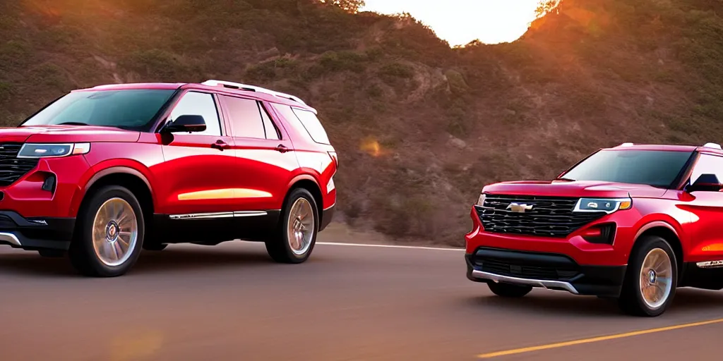 Image similar to A red SUV inspired by a 2022 Ford Explorer and 2022 Chevrolet Tahoe, driving along Pacific Coast Highway, golden hour, auto photography, action shot