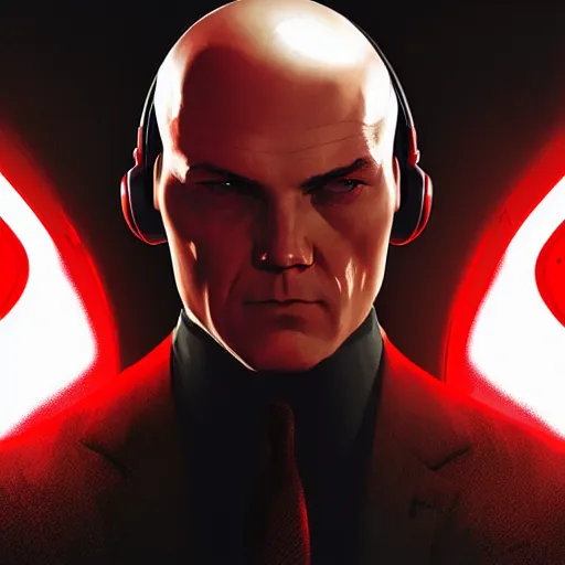 Image similar to a portrait of agent 4 7 from hitman wearing headphones, black background, red rim light, highly detailed, smooth, sharp focus, art by maciej kuciara