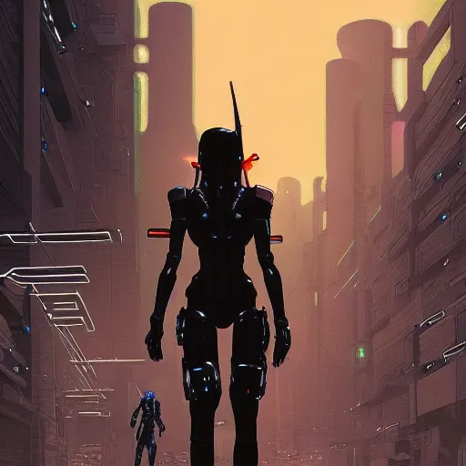 Prompt: cybertronic warrior princess with black armor walking through the streets of a dystopion city by night, cyberpunk, moebius, Jean Giraud, landscape, epic, artstation, dusk