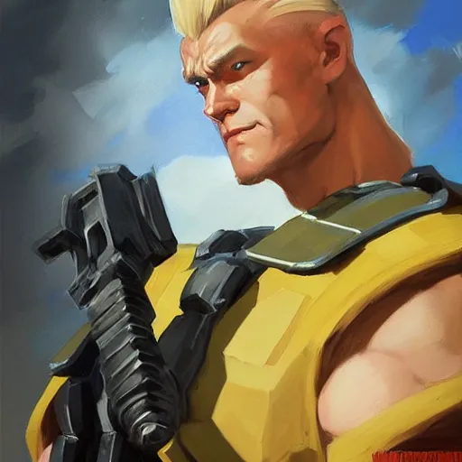 Image similar to greg manchess portrait painting of partially armored guile from street fighter as overwatch character, medium shot, asymmetrical, profile picture, organic painting, sunny day, matte painting, bold shapes, hard edges, street art, trending on artstation, by huang guangjian and gil elvgren and ross tran