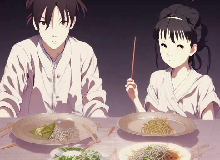 Prompt: a film still portrait of a plate with soba and udan, finely detailed features, closeup at the food, perfect art, at a dinner table, gapmoe yandere grimdark, trending on pixiv fanbox, painted by greg rutkowski makoto shinkai takashi takeuchi studio ghibli, akihiko yoshida