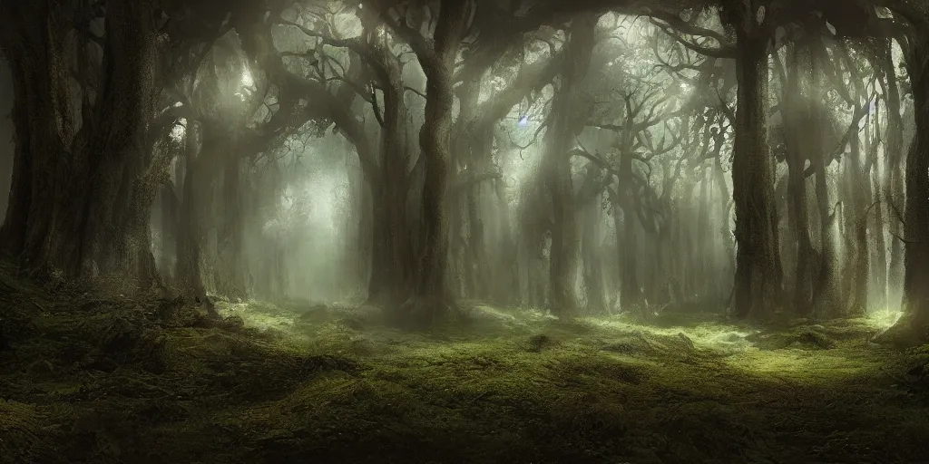 Image similar to beautiful matte painting of a fantasy dark forest