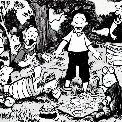 Image similar to illustration of zombie picnic in the style of Winnie the Pooh A. A. Milne