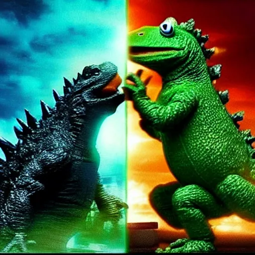 Prompt: “stills of Godzilla fighting a giant Kermit the Frog”