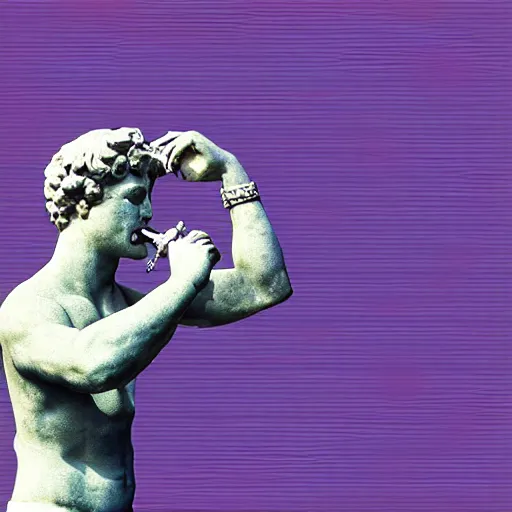 Prompt: a greek statue drinking fiji water, vaporwave background