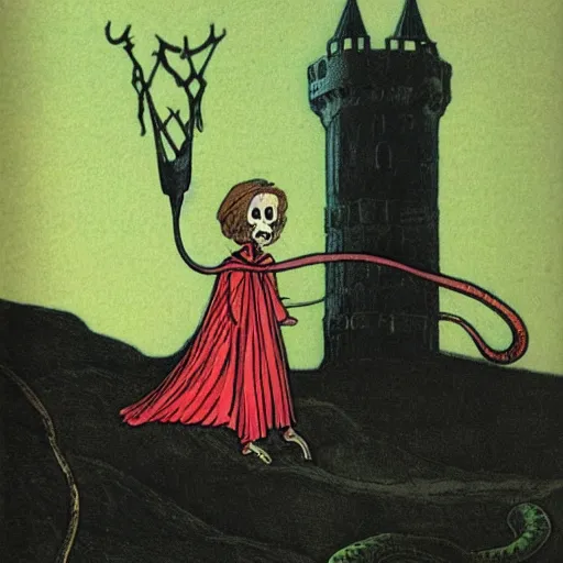 Image similar to synthwave exciting by kate greenaway, by jeff kinney. a beautiful illustration of a horned, red - eyed, skeleton - like creature, with a long black cape, & a staff with a snake wrapped around it, standing in front of a castle atop a cliff.