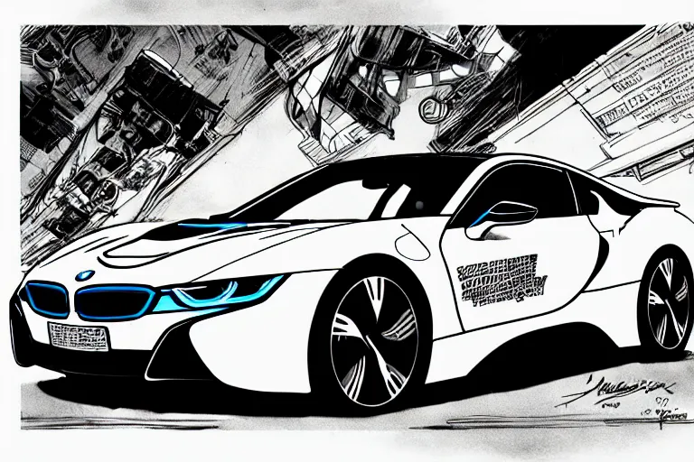 Image similar to bmw i 8, a page from cyberpunk 2 0 2 0, style of paolo parente, style of mike jackson, adam smasher, johnny silverhand, 1 9 9 0 s comic book style, white background, ink drawing, black and white