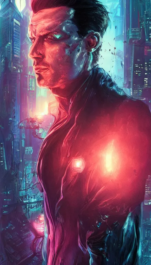 Image similar to daniel bernhardt, altered carbon, neon, dreamy vibe, fibonacci, sweat drops, insane intricate, highly detailed, cinematic, atmospheric. digital painting, artstation, concept art, smooth, sharp focus, illustration, unreal engine 5, 8 k, art by artgerm and greg rutkowski and alphonse mucha, laura sava, laura palmer